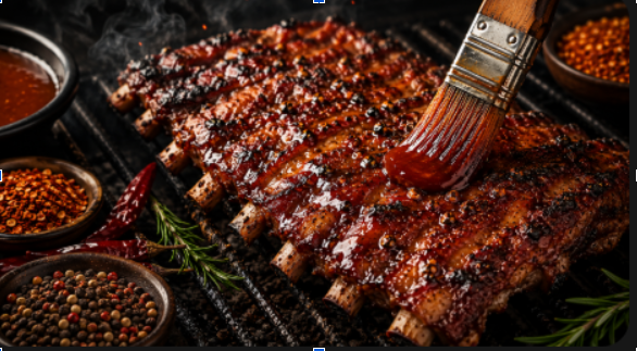 Brewer's Maestro BBQ sauce being brushed onto ribs on the grill