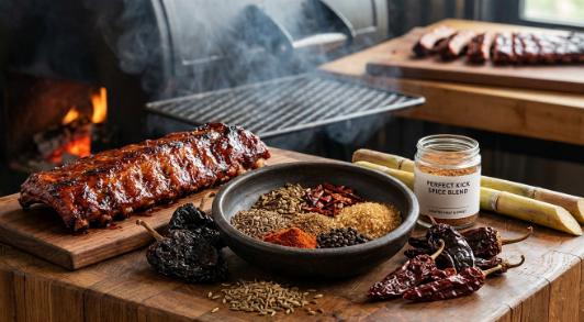 Perfect Kick spice blend with dry peppers, cumin, and warm spices